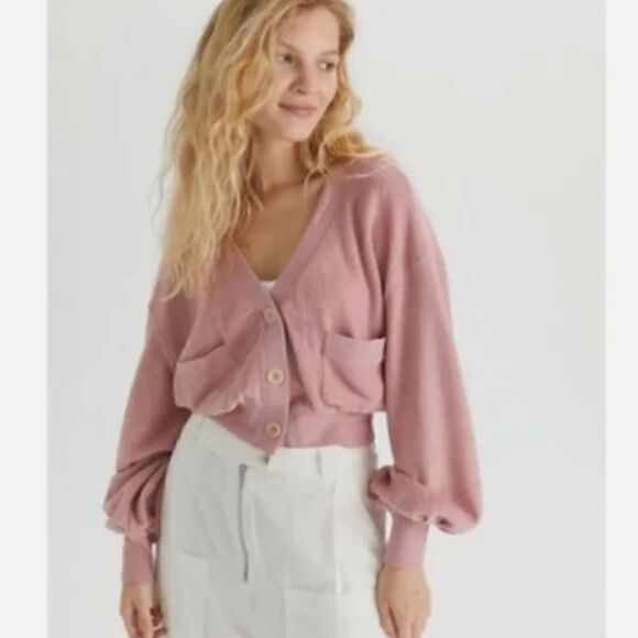 Urban Outfitters Sofia Pocket Cardigan rose small shirt top cropped boxy sweater - Picture 1 of 11